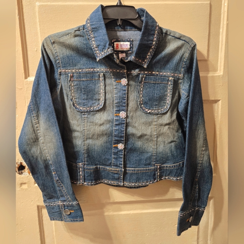 🌴Bill Blass Vintage 90s Y2k Cropped Dark Wash Denim Jewel Button Jean Jacket